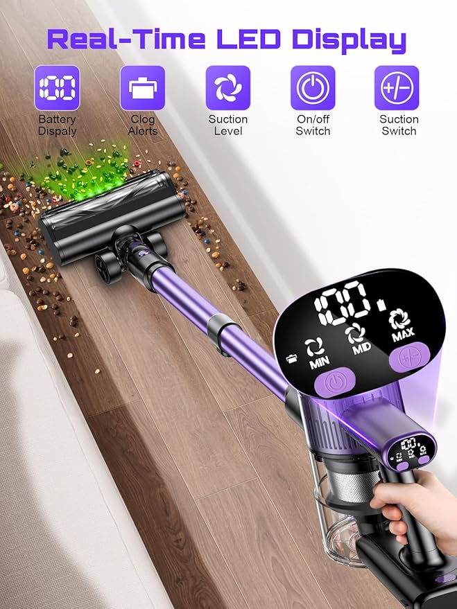 Cordless Vacuum Cleaner 45KPA /10-in-1 Stick Vacuum with 29-inch Hose 45Mins Runtime Vacuum Cleaners for Home Anti-Tangle Brush Lightweight Rechargeable Vacuum for Hardwood Floor (Purple)