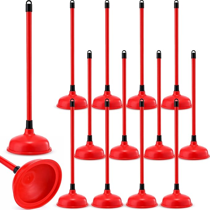 12 Pack Toilet Plungers Bulk with 19.7 Inch Long Handle Force Suction Cup Rubber Plunger for Bathroom to Fix Clogged Toilets Drains (Red)