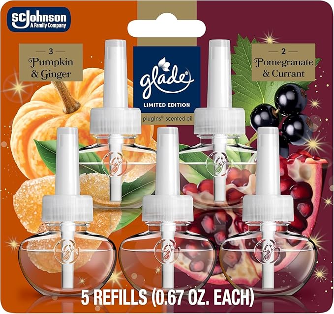Glade PlugIns Scented Oil Refill 5-Pack Pumpkin &amp Ginger + Pomegranate &amp Currant Fragrance 0.67 fl oz (25 Total Refills) Air Freshener Oil Refills for Plug-In Warmer