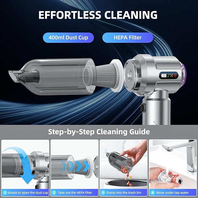 Cordless Vacuum Cleaner - 22000PA Handheld Car Vacuum 4-in-1 Portable Mini Air Duster Rechargeable 3-Speed Small Powerful Gadgets &amp Gifts for Home Office Mattress Carpet Pet (Silver)