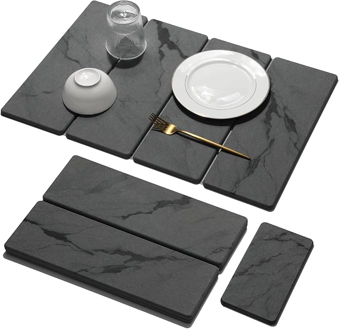 Large Stone Dish Drying Mat for Kitchen Counter 2 PCS Quick Dry Stone Mats Foldable Water Absorbing Diatomaceous Earth Drying Dishes Pad for Countertop Bottles Utensils Cup(Dark gray 24x16&amp8x