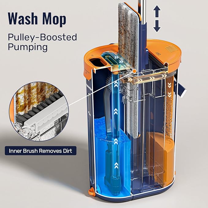 Mop and Bucket Set with Wringer 3-Tank Flat Mop and Bucket System Wall Mop Cleaner with Long Handle Hands Free Mops for Floor Cleaning with 8 Microfiber Pads