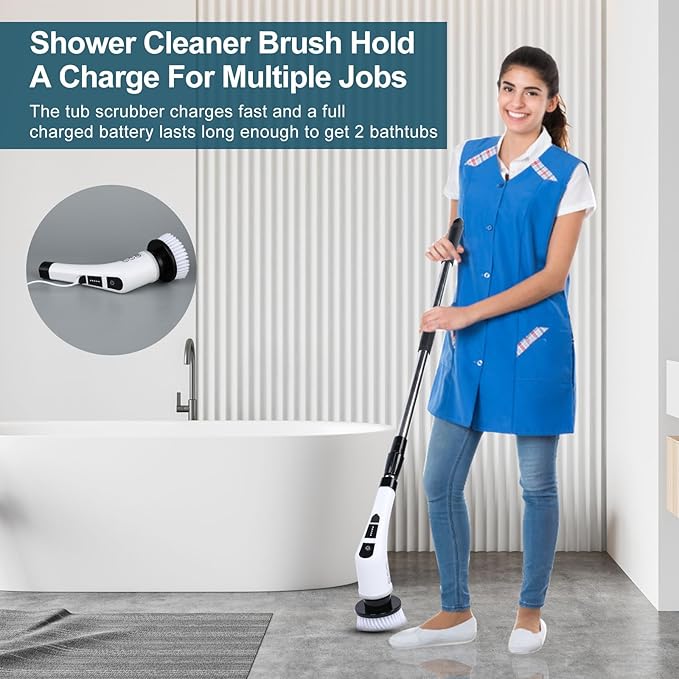 Electric Spin Scrubber with 7 Replaceable Brush HeadShower Scrubber with Long Handle7 in 1 Cordless Cleaning BrushPower Shower Scrubber for Bathroom Tub Tile Floor Kitchen WindowBlack