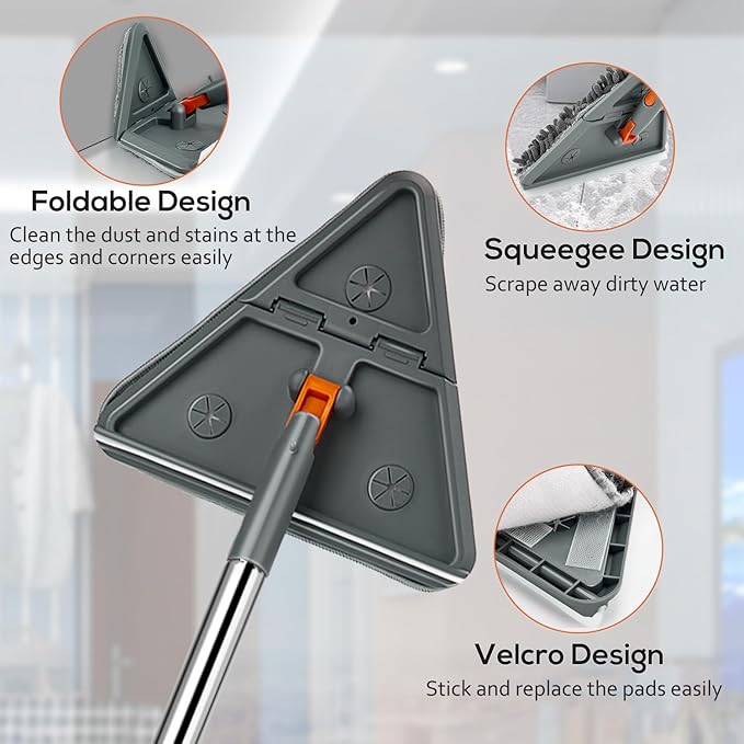 Wall &amp Base Board Cleaner Tool with 360°Rotating Mop Head 180°Folding Design for Effortless Baseboards/Ceilings/Wall Cleaning - Adjustable Long Handle Multi-Surface Scrubber &amp Duster