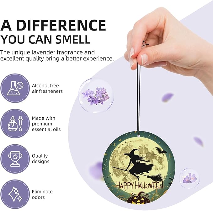 100 PCS Hanging Car Air Freshener Double Sided Halloween Moon Night Automotive Interior Decor Pumpkins And Witch Car Accessories for Women Men Lavender Scented