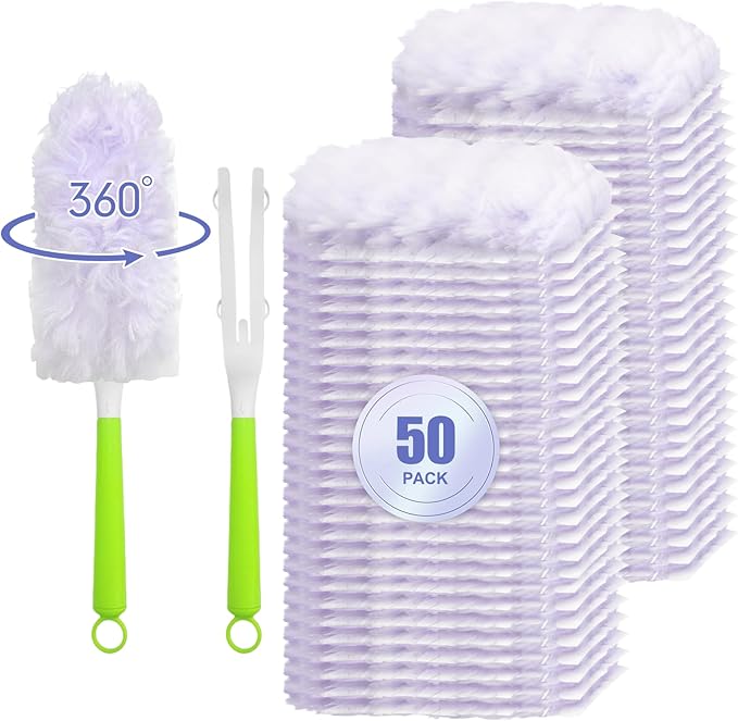 50 Count 360° Multi-Surface Feather Duster Refills Compatible with Swiffer Dusters Thickened Heavy-Duty Material Disposable Dusters Kit Includes 2 Handle for Efficient Cleaning
