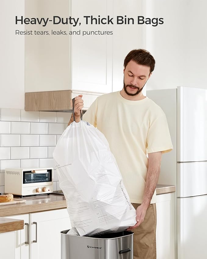 SONGMICS Trash Bags for 8-Gallon (30 L) Trash Cans Drawstring Kitchen Garbage Bags Pre-Separated Liner Code 30A 4 Rolls 180 Count White UKRB030A04