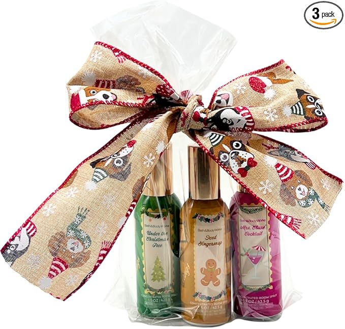 Bath &amp Body Works WINTER HOLIDAY Scents – UNDER THE CHRISTMAS TREE MRS. CLAUS’ COCKTAIL and ICED GINGER SNAP Concentrated Room Spray 3pc Gift Sets 1.5oz w/ 30-In Christmas-Themed Puppy Burlap Rib