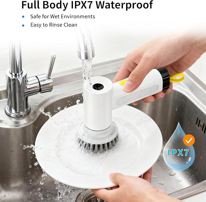 3000mAh Cordless Electric Spin Scrubber 20W High-Torque IPX7 Waterproof Cleaning Brush with 6 Replaceable Heads Dual Speed 150-180 Mins Runtime for Kitchen Bathroom Car