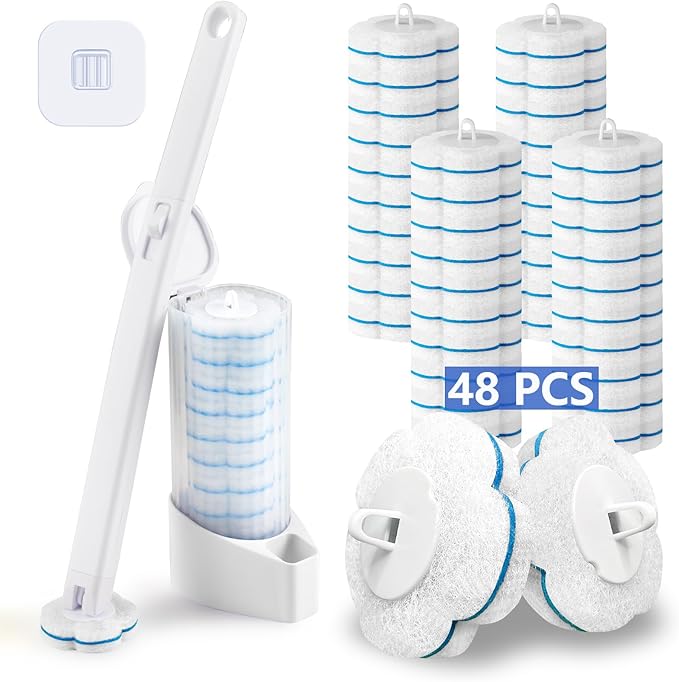 Disposable Toilet Brush and Holder Set with 48 Toilet Cleaner RefillsToilet Wand Kit with Toilet Brush Refill Pads Disposable Toilet Cleaning System for Toilet BowlBathtubBathroom - White