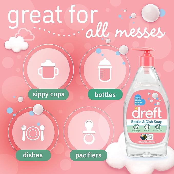 Dreft Bottle and Dish Soap | Made to Clean Baby BottlesSippy CupsPacifiersBreast Pumps&amp More | Gently Removes Milk Film &amp Odors-| Plant BasedFragrance Free Dish Soap-| 18 Fl Oz(Pack of 6