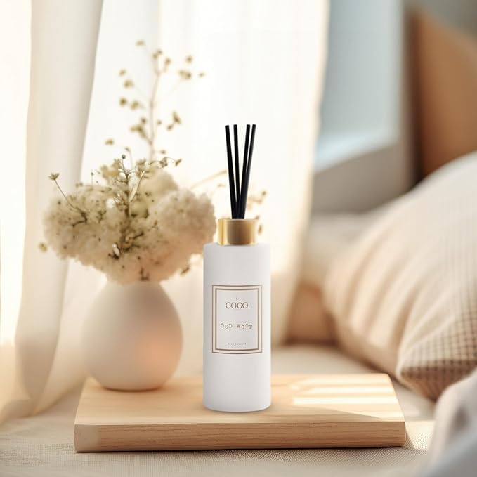 COCO by Stone 5oz Reed Diffuser (Oud Wood) – Luxury Scented Oil Diffuser for Home Aromatherapy Long-Lasting Vegan Fragrance Elegant Home Décor and Air Freshener