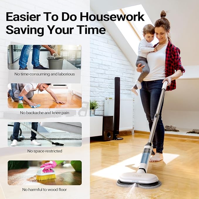 iDOO Electric Cordless Spin Dust Mop Electric Mops for Floor Hardwood Tile Cleaning with Sprayer &amp LED Headlight Rechargeable Dual-Motor Quiet Self Propelled Water Tank 4 Replaceable Heads Wh