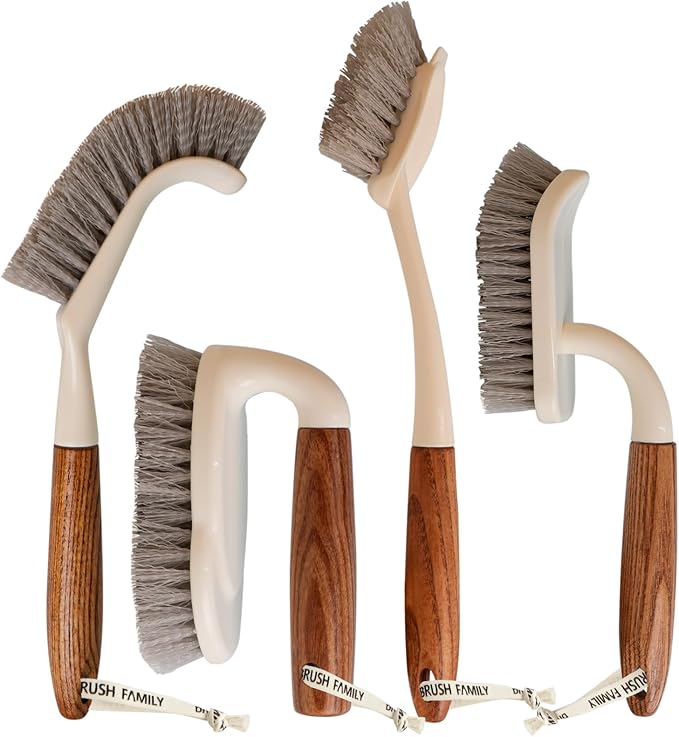 4-Pack Heavy Duty Scrub Brushes Set with Wooden Handles Triangle &amp Square Floor Scrubber Dish Brush Grout Cleaner for Kitchen Bathroom Tile Carpet &amp Stubborn Stains Removal