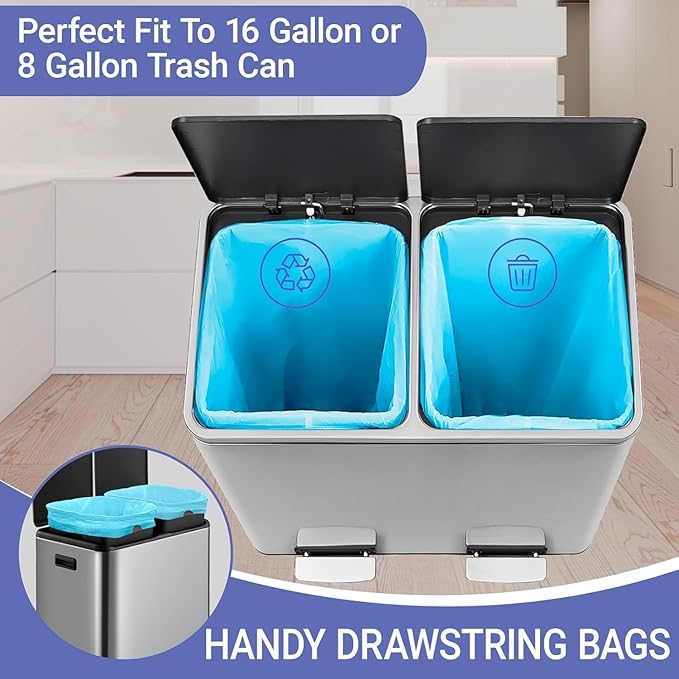 8 Gallon Trash bags for Dual Trash Can (2 x 8 Gallon) 100 count Drawstring Kitchen Garbage Bags Pre-Separated Blue