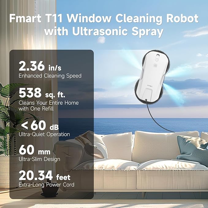 FMART T11 Window Cleaning Robot Auto 4-Way Water Spray 5300Pa Strong Suction High-Speed Cleaning &lt60dB Ultra-Quiet 60mm Slim Window Robot Smart Navigation Anti-Drop &amp 50min UPS Protectio