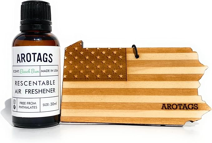 Arotags Car Air Freshener - Reusable Wood Diffuser - Hanging Odor Eliminator - Pennsylvania Patriot - Beach Bum Scent