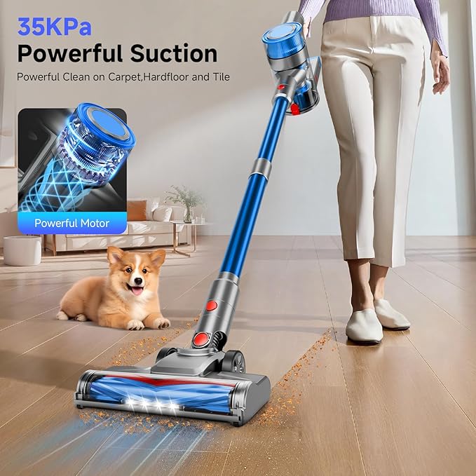 Cordless Vacuum Cleaner Powerful Stick Vacuum Cleaner for Home with Rechargeable Battery 6-in-1 Lightweight Handheld Vacuum 45 Mins Runtime for Hardfloor &amp Carpets Pet Hair (Blue)