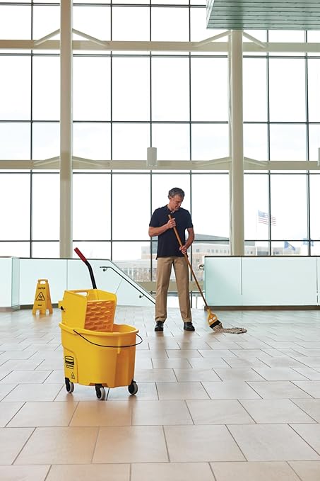 Rubbermaid Commercial Products WaveBrake 26 Qt. Side-Press Mop Bucket and Wringer Combo on Wheels Yellow for Professional/Industrial/Business Heavy-Duty Floor Cleaning/Mopping