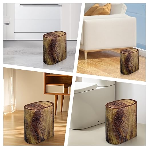 Bathroom Trash Can with Lid 3.7 Gal Plastic Marble Wood Pattern Small Office Trashcan Garbage Can for Bedroom Kitchen Slim Trash Bin Waste Basket Decorative Modern Trashcans