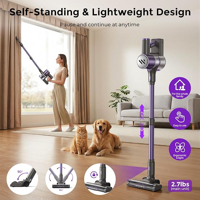 Cordless Vacuum CleanerVacuum Cleaner for Home with Brushless MotorLightweight Stick Vacuum with Self-Standing and Touch ScreenHardwood Floor Vacuum for Pet HairCarpetsTile(Light Purple)