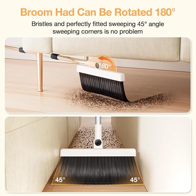 Broom with Dustpan Combo SetUOEOS One-Sweep CleanPet Hair Removal Broom with Self-Cleaning Double-Layer TeethHigh Density Broom and Windproof Dustpan for Indoor&ampOutdoor