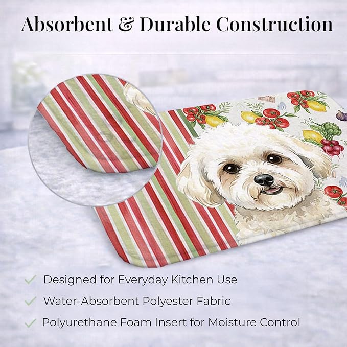 Caroline's Treasures White and Cream Bichon Frise Vegetables Dish Drying Mat Absorbent Dish Drying Mat Pad for Kitchen Counter Dish Drainer Mat for Countertop 14 x 21 Multicolor