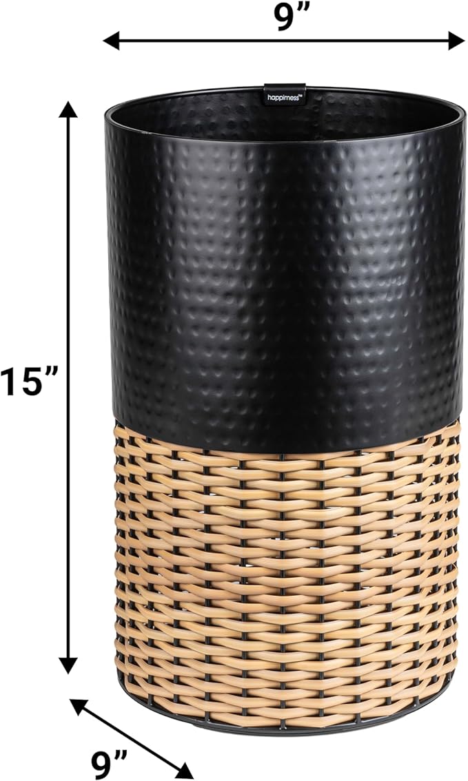 happimess HPM1102C Asher Modern 4.13-Gallon 2-Tone Faux Wicker/Metal Cylinder Waste Basket Black/Natural for Home Bathroom Living Room Office Bedroom Kitchen