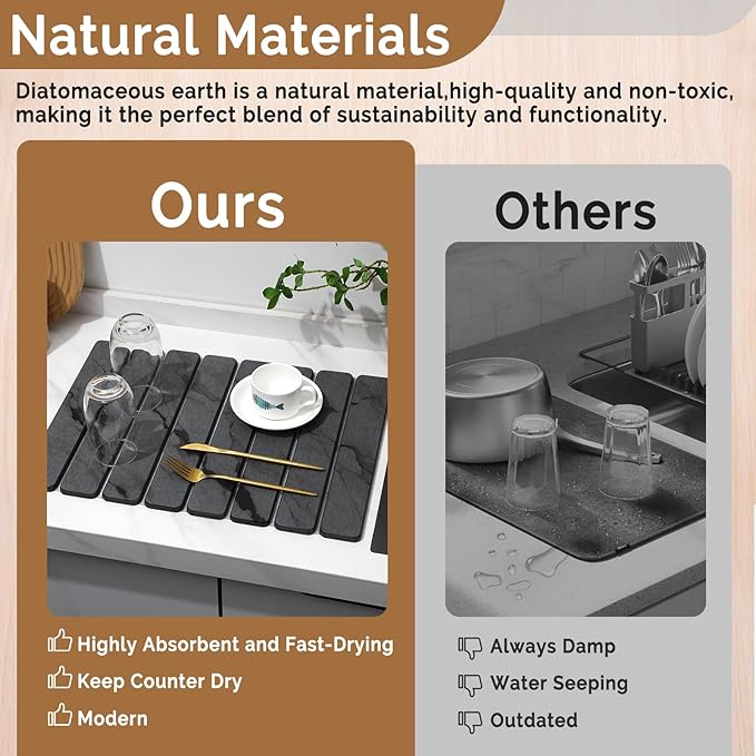2 PCS Stone Dish Drying Mat for Kitchen CounterQuick Dry Stone Dishes MatsMarbled Water Absorbing Diatomaceous Earth Drying Pad for Countertop Bottles Utensils Cups（Dark Gray 20×14 &amp 8x4）