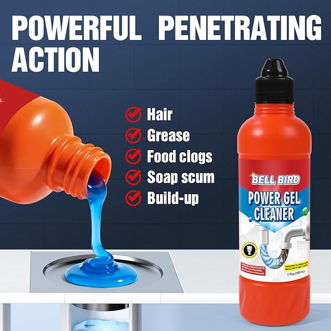 Bell Bird Drain Clog Remover &amp Pipe Cleaner - Thick Power Gel Dissolves Hair Grease and Soap Scum - Septic Safe Odor Eliminator for Kitchen Sinks Tubs Showers &amp Toilets (Pack of 2)