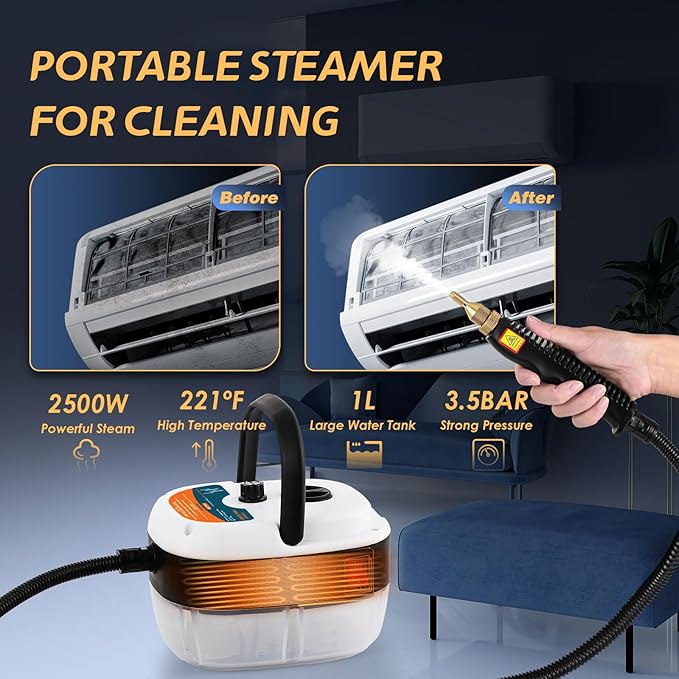2500W Handheld Steam Cleaner Pressurized Steam Cleaning Machine with 3 Brush Heads 20s Heat Up 1L Tank Multipurpose Mini Portable Steamer for Tile Grout Furniture Kitchen Car Home