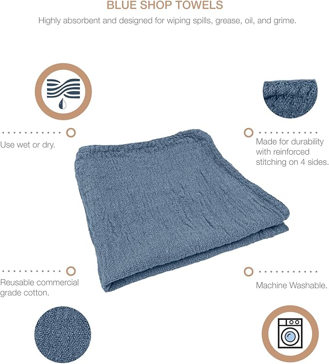 Detailer's Preference Absorbent Cotton Shop Towels Reusable Cleaning Rags for Auto Garage Home Kitchen Industrial Use Wipe Spills Grease Oil Grime Dirt &amp More 11x12 50-Pack Blue