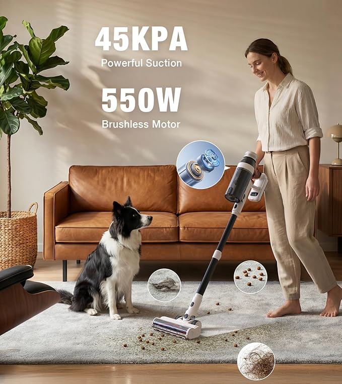 Cordless Vacuum Cleaner 55Mins Vacuum Cleaners for Home 15-in-1 Self-Standing Stick Vacuum with LED Light Anti-Tangle &amp Wall Mount Charge Lightweight Vacuum for Hard Floors Carpets Pet Hair