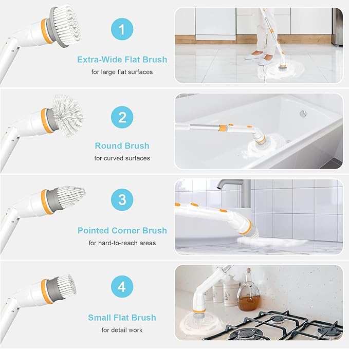 Electric Spin Scrubber KIKOLIN 380RPM High Speed Power Scrubber Cordless Cleaning Brush 2 Speeds for Bathroom Tub Shower Floor with 4 Replaceable Brush Heads and Adjustable Extension Long Handle