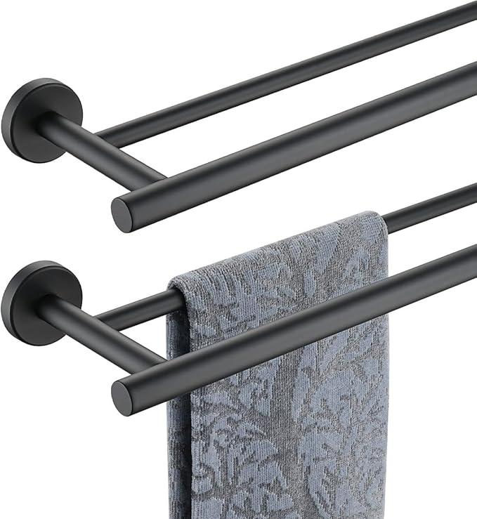 JQK Double Bath Towel Bar Matte Black 33 Inch 304 Stainless Steel Thicken 0.8mm Towel Rack for Bathroom Towel Holder Wall Mount Useable Length 30 Inch 2 Pack TB100L30-PB-P2