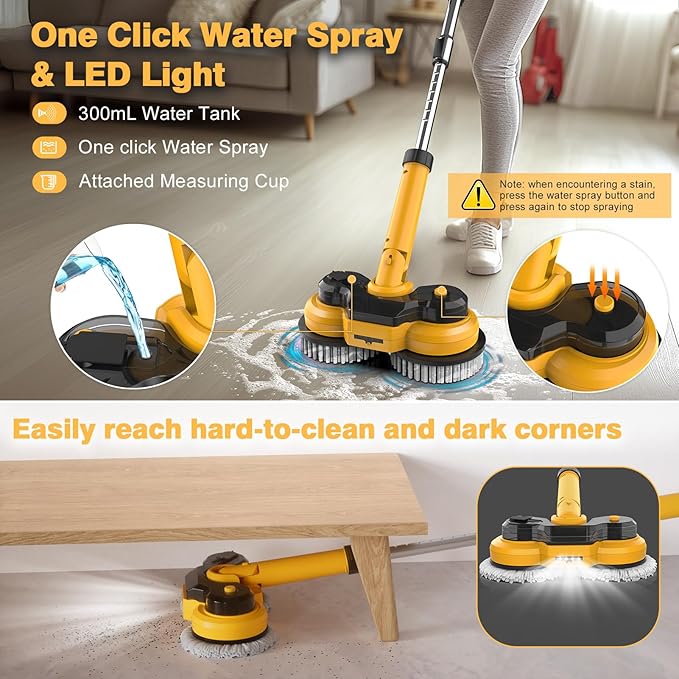 Cordless Electric Mop for Dewalt 20V Battery (NO Battery) 2 in 1 Spin Mop &amp Electric Floor Scrubber Machine with LED Light &amp Water Spray 800 RPM Rotating Electric Mops for Floor Cleaning (Go