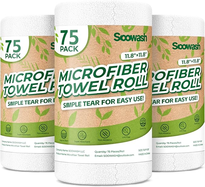 Microfiber Cleaning Cloths Roll 225 Pack Tear Away Microfiber Towels Roll 12 x 12 Lint Free Rags Reusable Cleaning Cloths Washable Scratch FreeUltra Absorbent Dish Rags(White)