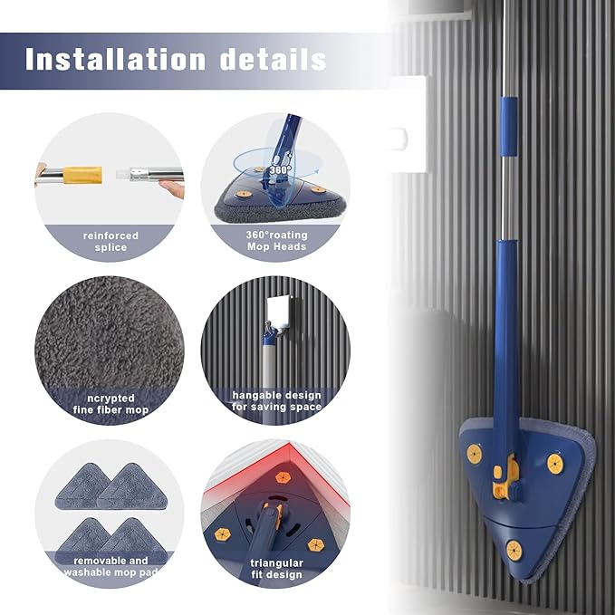 360° Rotatable Adjustable Cleaning Mop with 4 Replacement Pads-Extendable Triangle Shaped Microfiber Dust Mop with Long Handle for Wall CeilingHardwood Windows Floor Wall Tile Dust (Blue)