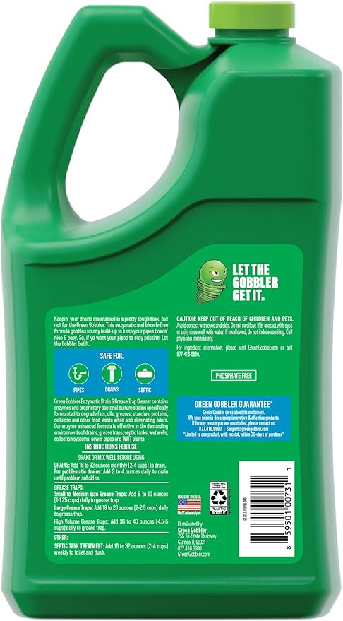 Green Gobbler ENZYMES for Grease Trap &amp Sewer - Controls Foul Odors &amp Breaks down Grease Paper Fat &amp Oil in Sewer Lines Septic Tanks &amp Grease Traps (4 Gallon Case)