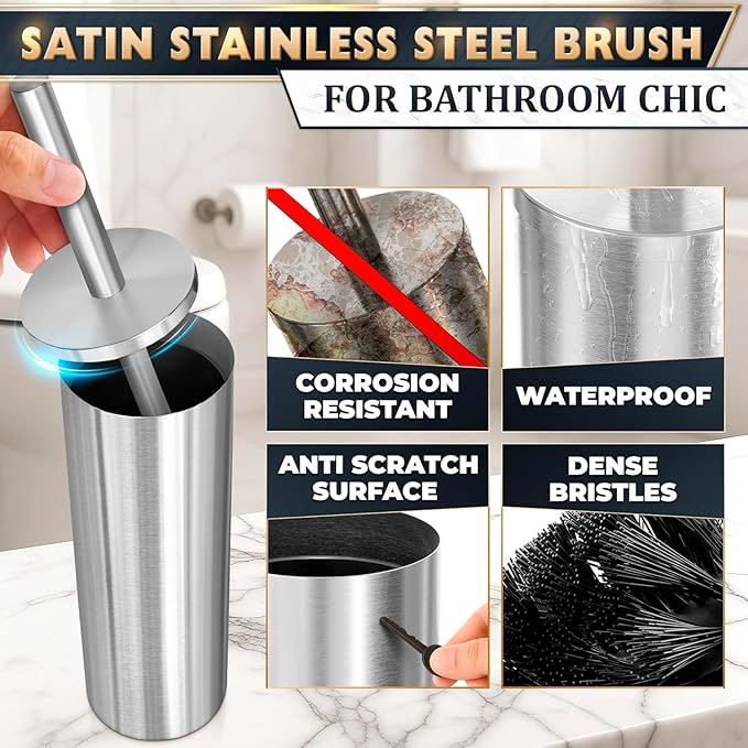 2 Pcs Stylish Stainless Steel Toilet Brush and Holder Set - Silver Toilet Bowl Brush and Holder with Splash Cover Sturdy Bristles Corrosion &amp Scratch Resistant - Elegant Design Effective Cleani