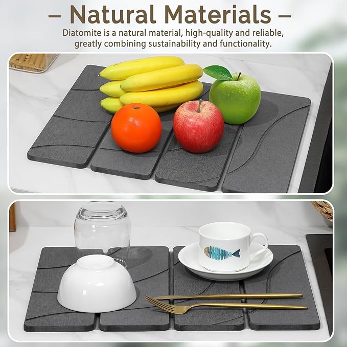 Small Stone Dish Drying Mat for Kitchen Counter 2 PCS 16×12 &amp 8x4 Quick Dry Stone Mats Foldable Water Absorbing Diatomite Drying Dish Pad for Countertop Bottles Utensils Cups(Carved Gray)