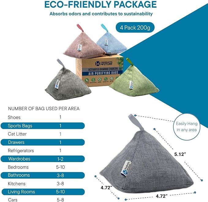 4 Pack of 200g Naturally Activated Bamboo Charcoal Air Purifying Bags | Natural Home Deodorizer Bags | Charcoal Bag Odor Absorber For Pets | Odor Eliminator &amp Moisture Absorber Air Freshener Bags