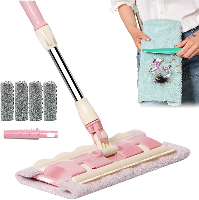 Flat Floor Mop - Ergonomic Swivel Handle Cleaner Includes 4 Washable Microfiber Cloths | Telescopic Handle Versatile Home Maintenance Solution for Tile Stone Concrete Linoleum or Sealed Wood Are
