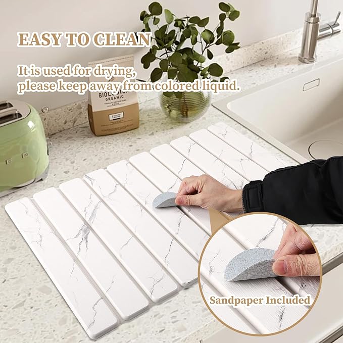 3 PCS Stone Dish Drying Mat for Kitchen Counter Large Quick Dry Stone Dishes Mats Coasters Foldable Water Absorbing Diatomaceous Earth Drying Pad for Countertop Bottles Utensils Cups