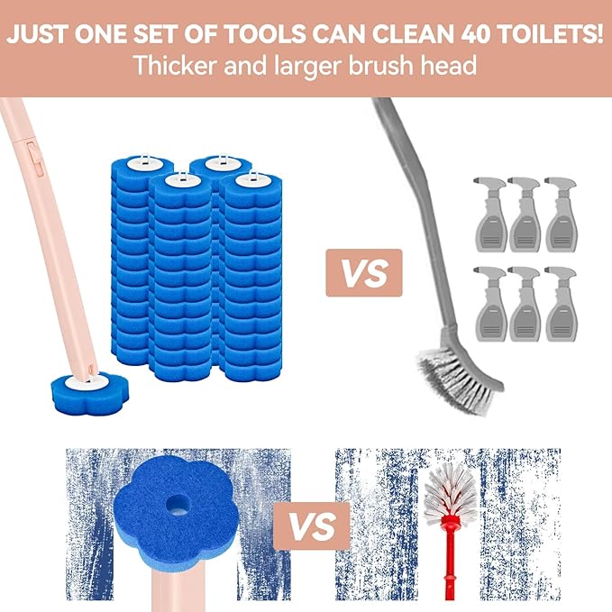 Disposable Toilet Brush Toilet Bowl CleanerToilet Cleaning SuppliesToilet Bowl BrushToilet Cleaner BrushToilet Brush with Holder48 Refills for Cleaning and Hygienic Bathroom Maintenance (Pink)