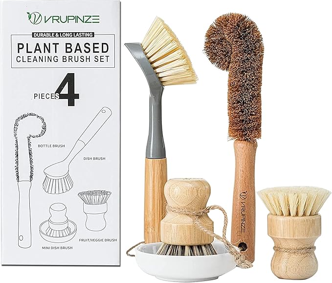 Natural Bamboo Dish Brush Bottle Scrub Brush 4-Piece Set with Ceramic Soap Dispenser - Wooden Washing Up Brushes with Sturdy Handles for Cleaning Dishes Pots Pans Gift Kit