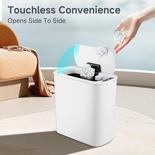 TIPGO Automatic Motion Sensor Bathroom Trash Can with Lid 2.6 Gallon Touchless Trash Bin Smart Garbage Can Plastic Slim Wastebasket for Bedroom Office Dorm (White)