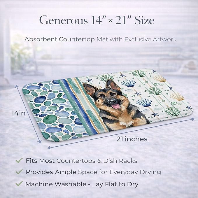 Caroline's Treasures German Shepherd Coastal Sea Glass Dish Drying Mat Absorbent Dish Drying Mat Pad for Kitchen Counter Dish Drainer Mat for Countertop 14 x 21 Multicolor
