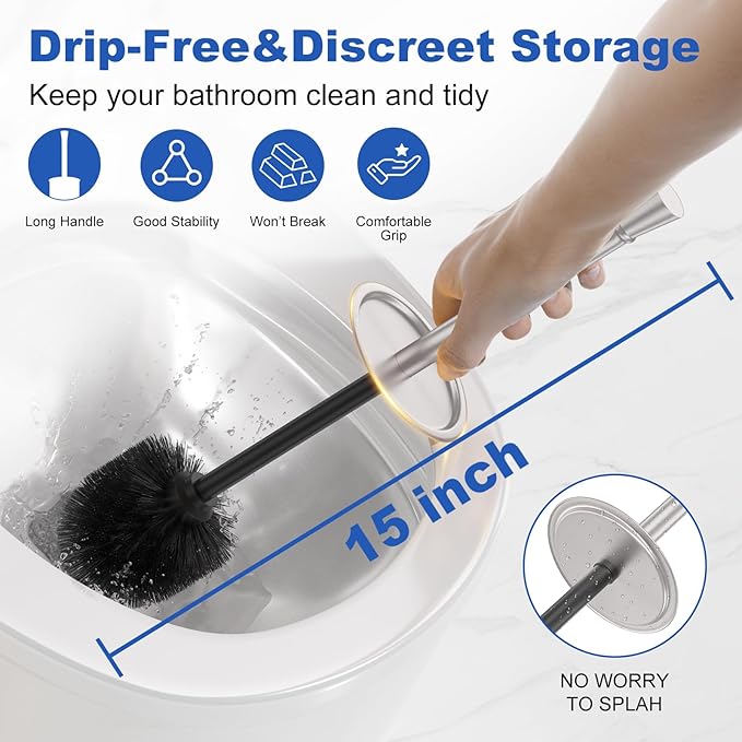 Toilet Brush and Holder Set：304 Stainless Steel Heavy Duty Toilet Bowl BrushRemovable Inner Bowl and Splash ProtectionBathroom Toilet Brush-Dense Bristles for Through Cleaning