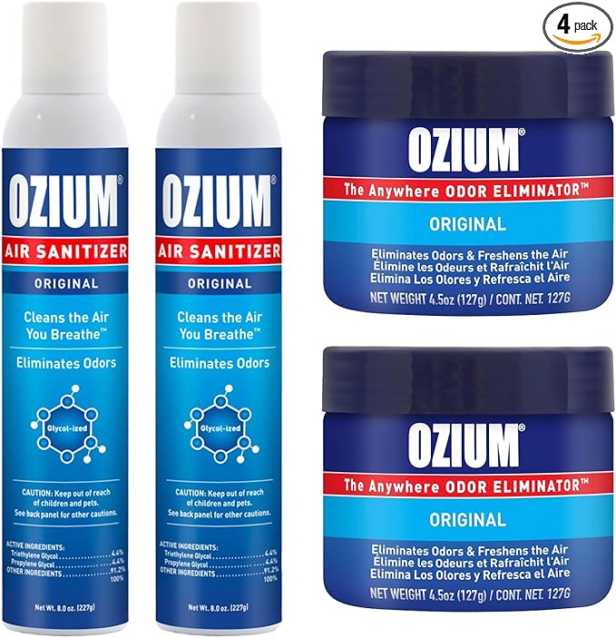 Ozium 8oz Spray and 4.5oz Gel Combo Kit - Original Scent Powerful Odor Eliminator for Strong Odor Car Air Freshener.